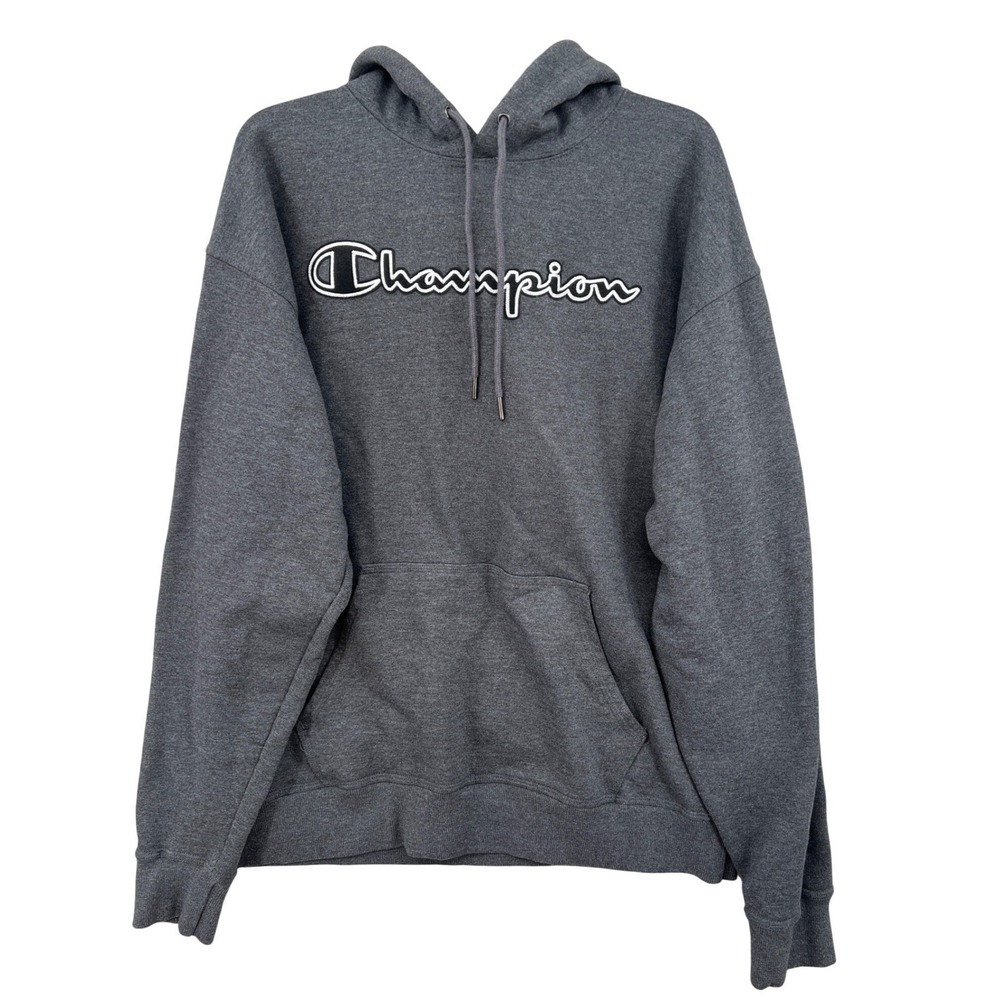 Champion Script Logo Pullover Hoodie Size XL Gray Fleece Retro Oversized Comfy